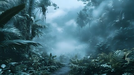 Obraz premium Misty rainforest landscape with towering trees lush green foliage and a serene ethereal atmosphere Explore the natural wonder and mystery of this enchanting primeval forest setting