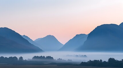 Fototapeta premium A breathtaking landscape photograph showcasing the serene beauty of majestic mountains enveloped in soft morning mist at the break of dawn creating a captivating and ethereal atmosphere