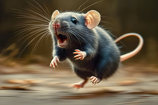 Big gray rat running away while screaming and looking scared
