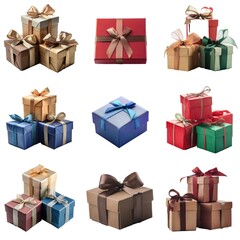 Nine gift boxes with various colorful ribbons, all arranged in a row with white background.