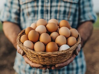 Farmer holding a basket of freshly collected eggs, standing in front of a poultry house, earthy tones conveying rural simplicity Poultry, Fresh Eggs, Farm Life