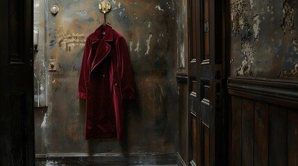 A velvet coat in a corridor dangling from a brass hook