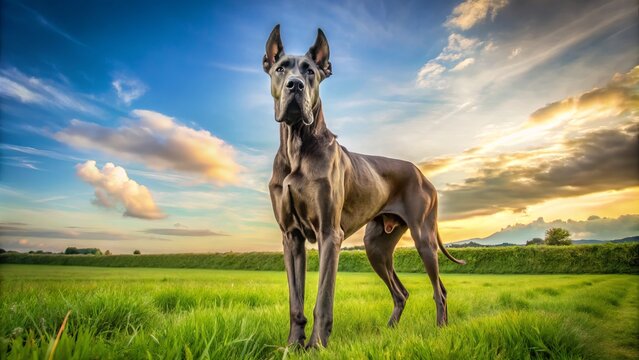 A regal Great Dane commands the green grassy landscape, its alert ears attuned to the surroundings and tail