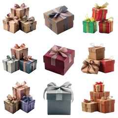 Obraz premium Nine gift boxes tied with various colored bows and ribbons, arranged in three groups of three.