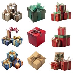 Nine square gift boxes in various colors and sizes with ribbons and bows.