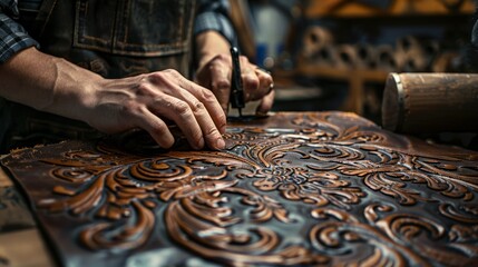 Artisan Leather Stamping Process in Workshop Setting