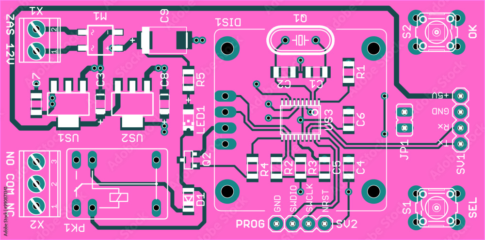 Canvas Prints Vector printed circuit board of electronic 
device with components of radio elements, 
conductors and contact pads on pcb. 
Engineering drawing. Computer technic design.
Technology schematic diagram.