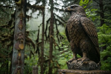 Bronze eagle statue standing on a pedestal with a totem pole in the background in a lush forest