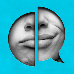 Contemporary art collage. Two halves of mouth with contrasting expressions pouty-smiling within...