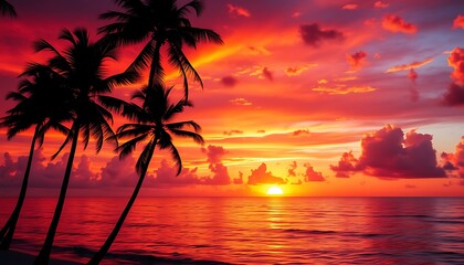 Obraz premium A breathtaking tropical sunset scene unfolds with vibrant hues of orange, pink, and purple engulfing the sky as the sun dips below the horizon, casting a warm glow over the serene ocean.