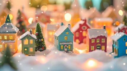 Fototapeta premium Colorful bright miniature Christmas houses cottage in row on gold background, Christmas Holiday theme, snowing, bokeh lights landscape banner HD, spruce trees snow