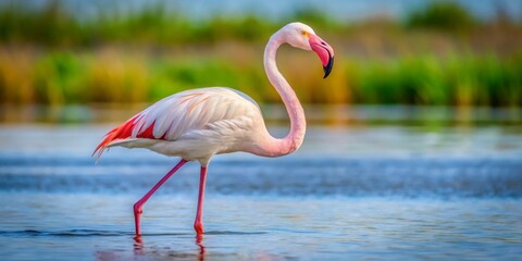 Fototapeta premium A single white flamingo standing in shallow water with vibrant pink plumage and a gracefully curved neck.