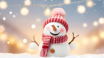 happy smiling Snowmans on the snow, Family with scarf and beanie, cute, Merry Christmas Banner card invitation, wallpaper, with copy space for text, blurred winter forest background, close up HD