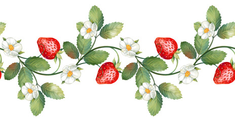 Strawberry seamless border. Green leaves, red berries and flowers. Hand drawn.
