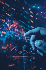 Obraz premium A close-up view of a hand interacting with digital stock market graphs and data analysis on a dark background at night
