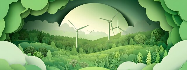 Simplified paper art scene featuring an eco-friendly circular design with wind turbines, trees, and greenery in the background.