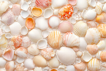 Vibrant assortment of various seashells in different shapes, sizes, patterns