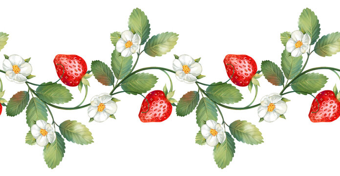 Strawberry seamless border. Green leaves, red berries and flowers. Hand drawn.
