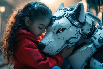 Tender moment between child and futuristic robotic dog in cozy setting