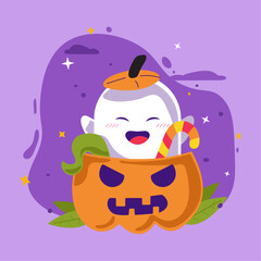 Cute ghost character sitting in pumpkins with candy on purple background, clouds, stars, leaves in flat style for posters, banners, wallpapers, icons