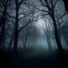 Foggy eerie forest with bare trees at night