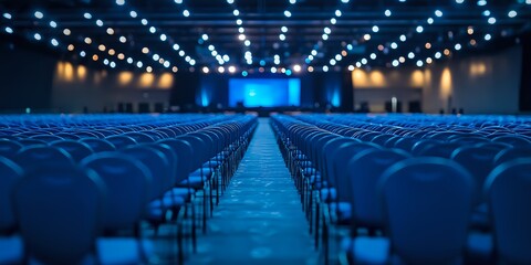 Naklejka premium Rows of blue chairs in a large empty auditorium with spotlights above.