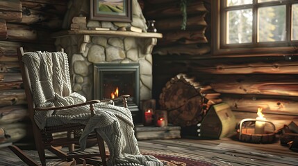 A warm log cabin with a wool sweater on a rocking chair