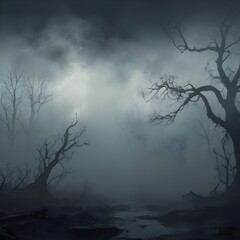 Foggy eerie forest with bare trees at night