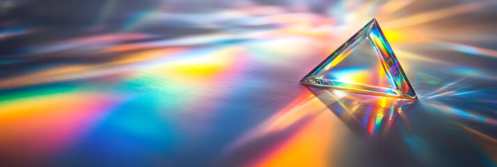 Light passes through a prism, refracting and casting a vibrant spectrum of rainbow colors across a nearby surface. The effect highlights the beauty of light manipulation