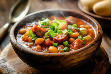 Delicious sausage and bean stew served steaming hot with green onions on top in a wooden bowl