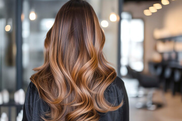 Fototapeta premium Beautiful hairstyle of woman after dyeing hair and making highlights in hair salon with professional hairstylist.