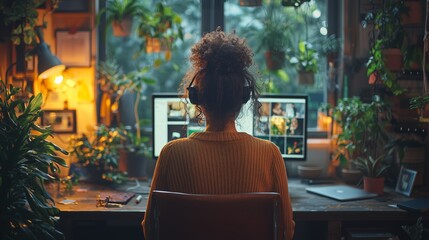 Obraz premium Remote Worker Engaged in Video Call at Home Office