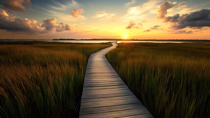 Fototapeta premium A photograph of a wooden boardwalk leading through a serene coastal marshland guiding the viewer s gaze towards a tranquil sunset over the horizon