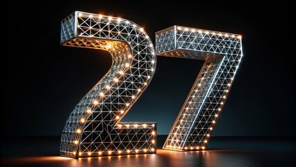 A suspended metal netting wrapped around the digits 27, radiating an aura of lustrous brilliance, the stark contrast