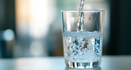 Water pouring into glass with bubbles on a kitchen counter
