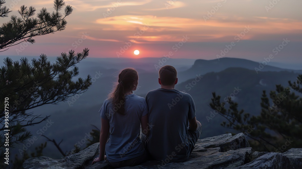 Wall mural A couple sits on a mountaintop watching the sunset.