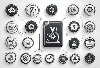 A set of black and white icons depicting various business and technology related concepts such as a computer, gear, checklist, team, VIP pass, money, graph, and more