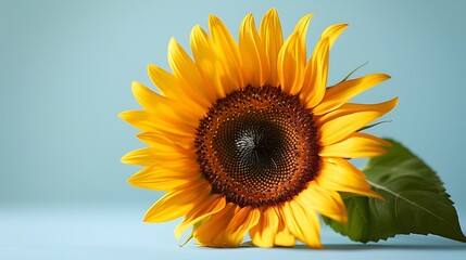Naklejka premium A single blooming sunflower with bright yellow petals and a rich brown center centered on a light blue background to highlight its vibrant colors