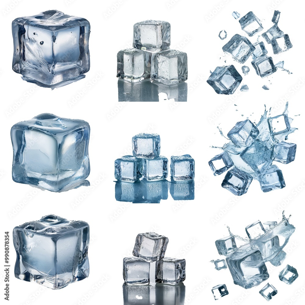 Aufkleber Multiple ice cubes are shown in various states and arrangements, some with water splash, some with condensation droplets.