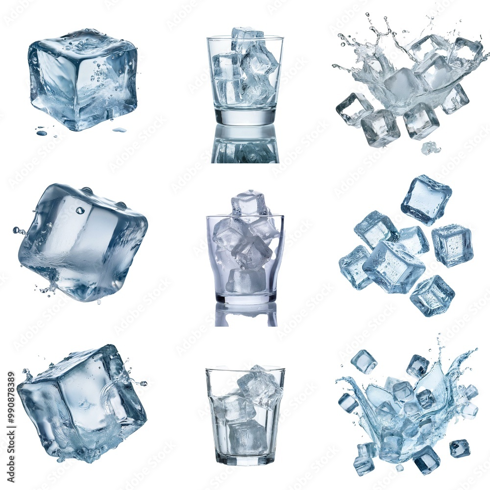 Aufkleber ice cubes in a glass, some floating in water, and some splashing.