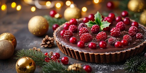 Vegan chocolate tart topped with fresh raspberries, surrounded by Christmas ornaments and festive decorations, beautiful plant-based holiday dessert, copy space, selective focus