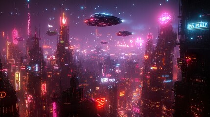 Obraz premium Dark city rooftops glowing neon graffiti shining through foggy night picture