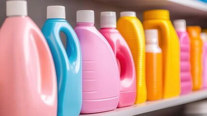 Laundry room shelf with organized supplies, fabric softener, and detergent bottles in neat rows, laundry supplies, home care