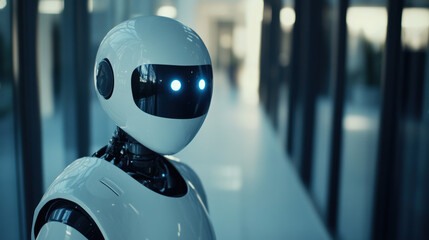 Fototapeta premium futuristic robot with glowing blue eyes stands in modern corridor, showcasing advanced technology and design. Its sleek appearance evokes curiosity and innovation