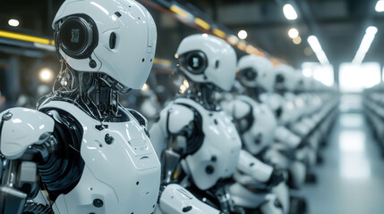 Fototapeta premium Robots in modern industrial setting enhance productivity through automation, showcasing advanced technology and teamwork. Their sleek design and functionality represent future of work