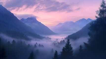Fototapeta premium Captivating Misty Mountain Sunrise in Unspoiled Natural Landscape Soft morning fog enveloping majestic peaks at dawn creating a serene and scene in the great outdoors
