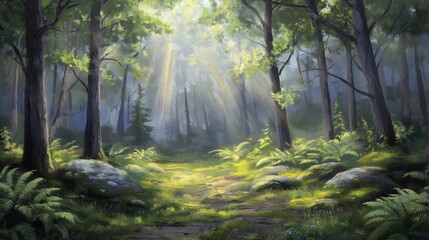 Fototapeta premium A serene forest with tall trees and sunlight filtering through the leaves