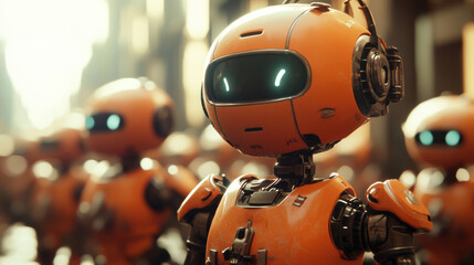 Fototapeta premium Robots in vibrant orange colors stand in futuristic setting, showcasing advanced technology and teamwork. Their glowing eyes reflect sense of purpose and innovation
