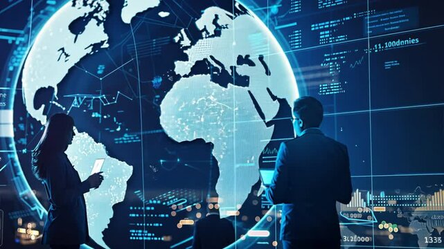 A global e-commerce business analyzing international market trends, with a team discussing strategies for expanding into new regions.