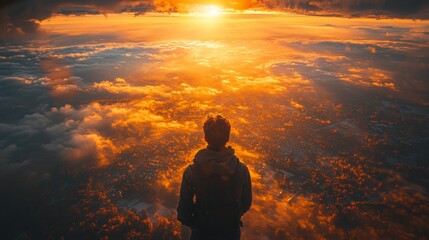 Obraz premium Traveler Gazing from Airplane Window at Sunset